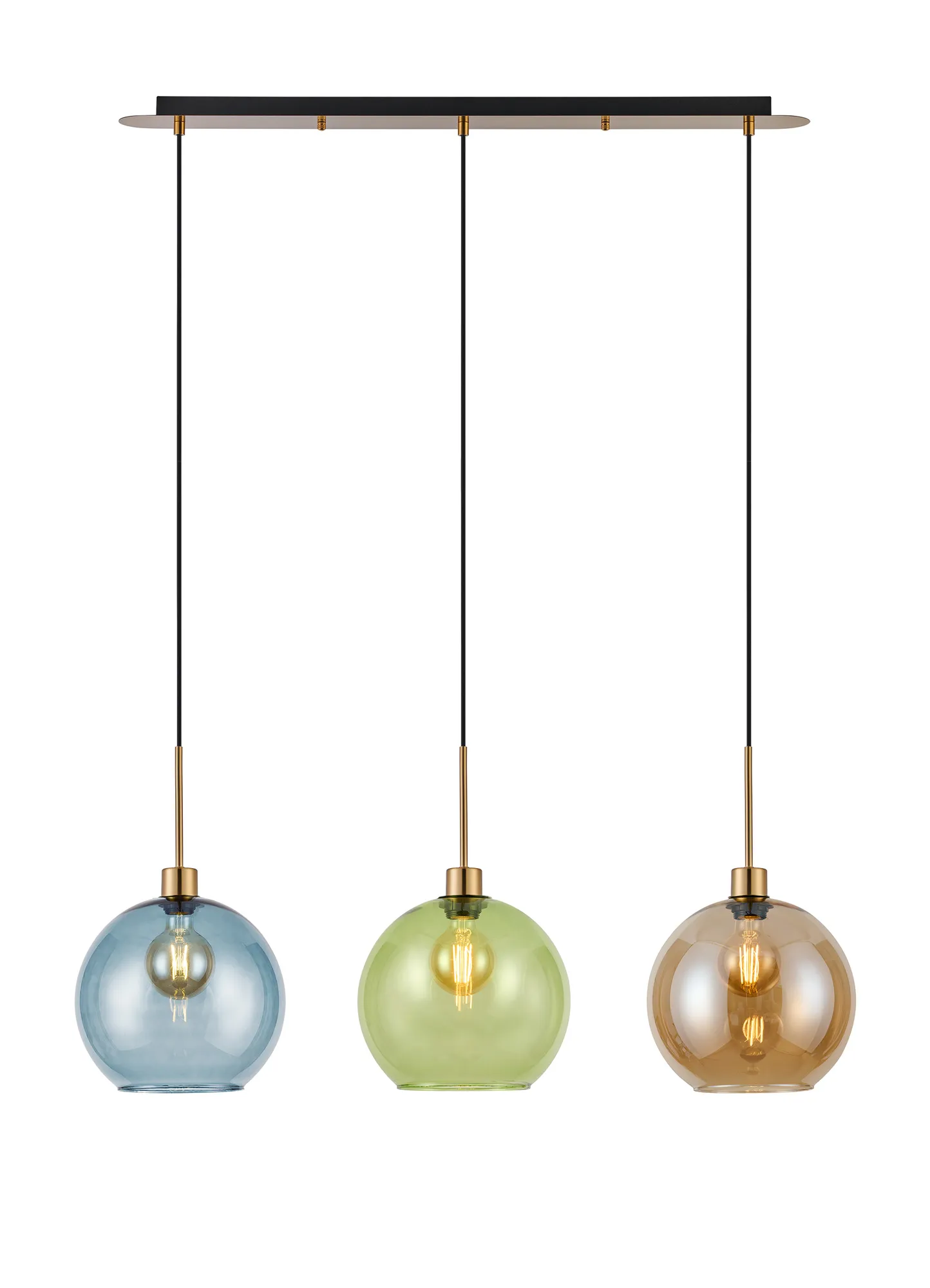 DK1217  Lori Linear Pendant, 3 Light Adjustable E27, Antique Gold/Blue/Green/Amber Open Mouth Round Globe Shades